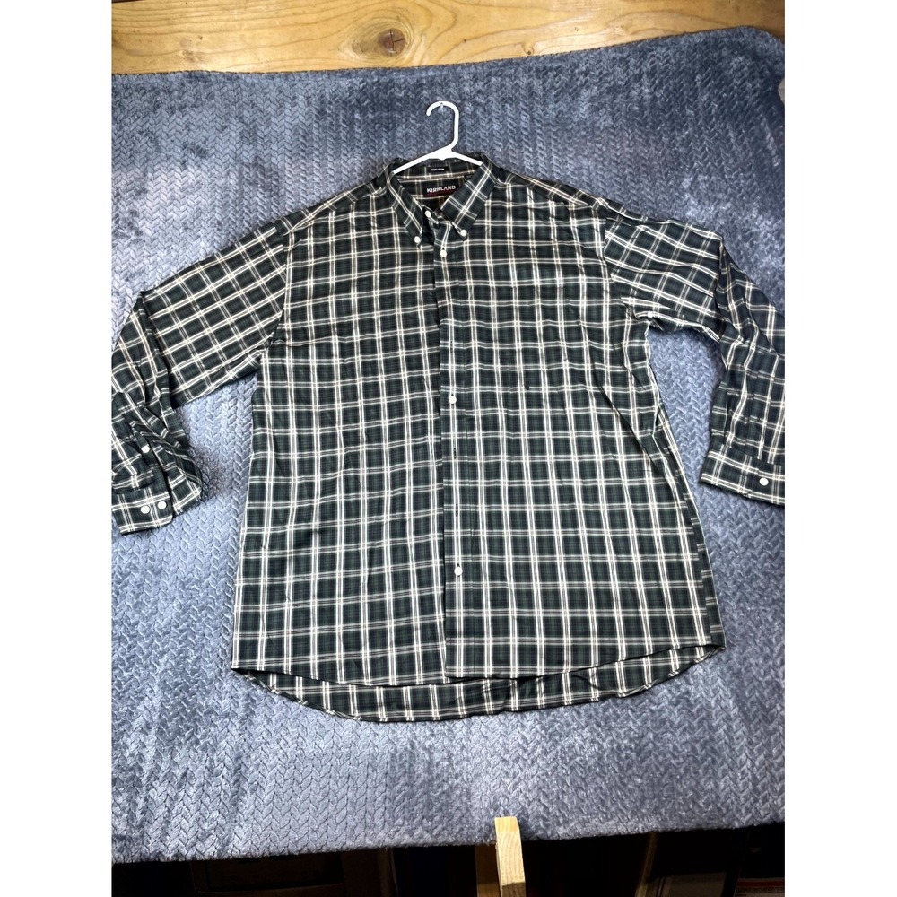 Kirkland Signature Shirt Mens 2XL Black Green Plaid Non Iron Cotton Button Down